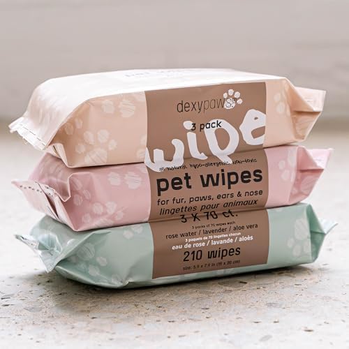 Dexypaws: Pet Cleansing Wipes - 3 Packs (70ct Each) - Aloe-Lavender-Rose Water - Wet Wipes for Dogs & Cats, Fur-Paws-Face, Natural Pet Safe Grooming