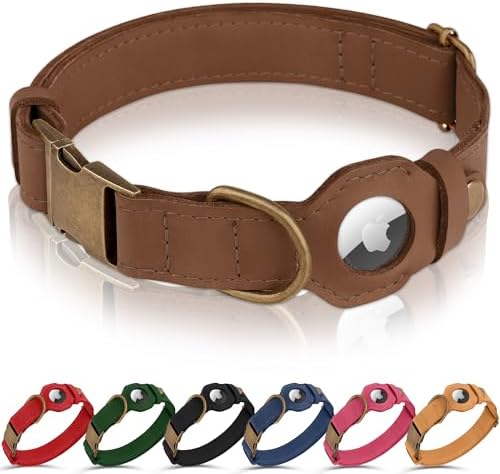 AirTag Dog Collar - Genuine Leather Dog Collar with Apple AirTag Holder and Metal Buckle - Smart GPS Tracking Pet Collars (Tawny, L, 17"-21" Neck Fit)