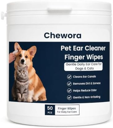 Pet Ear Cleaning Finger Wipes for Dogs & Cats, 50 Count, Unscented Ear & Eye Cleaning Wipes, Soft Non-Woven Finger Wipes for Wax, Dirt & Tear Stain Removal, Gentle Daily Grooming