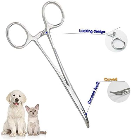 Pets ears/nose hair Puller Straight & Curved full serrated, stainless steel Home Hemostat Locking Forceps, Professional pet grooming tool for cats & dogs 2pcs set