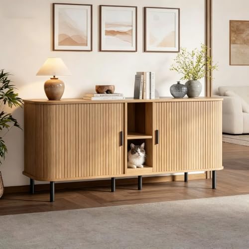 58" Double Cat Litter Box Enclosure, Large Hidden Litter Box Furniture for 2 Cats with Cat Scratch Pad, Wooden Modern Indoor Cat House with Double Room, TV Stand, Side Table, Natural