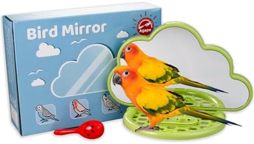 Agape Bird Mirror with Perch&Slow Feeder, Birds Toys for Boredom&Anxiety, Bird Cage Accessories for Parrots to Expend Energy, Interactive Toys for Parakeet, Cockatiel, Lovebird, Conure, Finch, Budgies