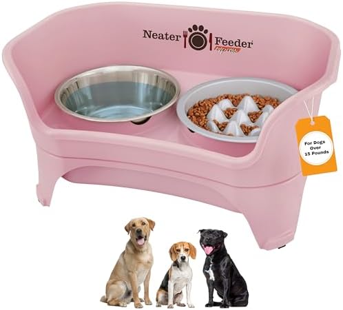 Neater Feeder Express Mess Proof Dog Bowls Elevated for Medium and Large Breed – Made in USA – No Spill Raised Slow Feeder Elevated Dog Bowl Stand, Slow Feed Food and Water Bowl Set, Pink
