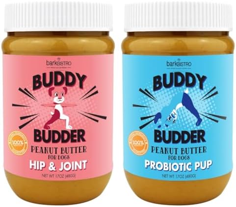 Bow-Wow Blueberry (probiotic + prebiotic) + Cranberry Canine (hip + joint) BUDDY BUDDER, 100% Natural Dog Peanut Butter, Healthy Peanut Butter Supplements, Made in USA (17oz jars)
