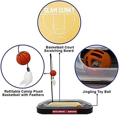 NCAA SOUTH CAROLINA Gamecocks 6-in-1 Reversible Basketball Court Felt & Cardboard Cat Scratcher Toy with Catnip-Filled Plush Basketball