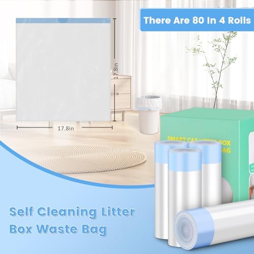 80 Count Cat Litter Bags, Self Cleaning Litter Box Liners, 18.2 x 18.2 inches Replacement Drawstring Bags Fit for Automatic Robot Box (80 Counts/4 Rolls）