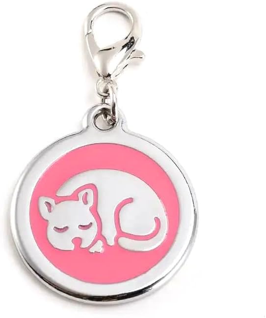 Personalized Pet ID Tags with Lobster Claw Clasp for Kittens and Cats - Small pet Tags for Cats, cat Name Tags for Collar, Custom cat id tag (Sleeping-Round-Small: Pink)