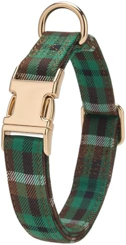 Soft Cotton Dog Collar Classic Plaid Pet Collars with Metal Clasp for Large Dogs with Sensitive Skin, Forest Green