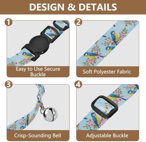 Blue Yellow Birds Soft Cat Collar, 2 Pack Puppy Collar with Bell