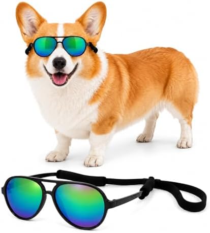 G010 Dog Pet Costume Prop Aviator Sunglasses Medium Breeds 20-40 lbs (Black-Rainbow Mirror)