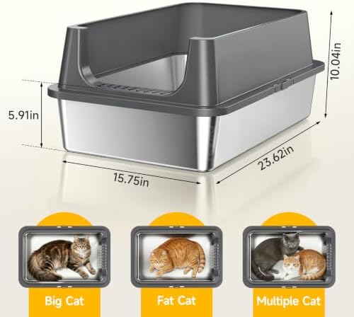 XL Open Top Stainless Steel Litter Box Large with High Sides,Gray