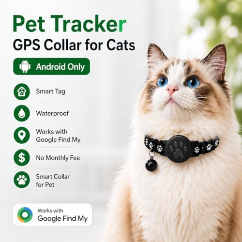 Pet Tracker,GPS Collar for Cats,Smart tag,Waterproof Compatible with Find My,No Monthly Fee,Advanced Tracking Solution Smart Collar for Pet Safety Ideal Small Large Cats(Android User)