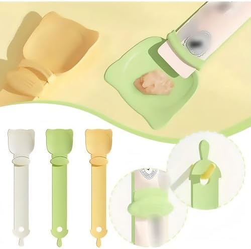 Multifunctional Cat Strip Squeeze Spoon - Cute Cat Head Feeder, 3 Color Strip, Wet Food Dispenser & Treat Spoon (Pet Supplies) (Green-1PCS+Orange-1PCS)