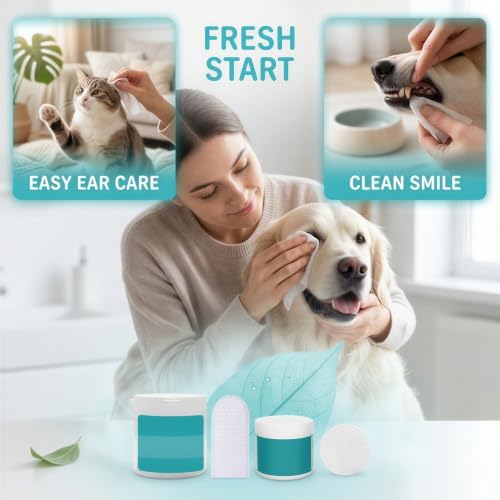Pet Eye, Ear and Tooth Wipes Set, 100 Sheets Eye Cleaning Pads, 50 Sheets Finger Cover Ear Wipes, 50 Pieces Dental Pads, 2.8 x 2.8 x 2.4 in and 3.0 x 2.0 x 3.3 in Containers, for Dogs and Cats