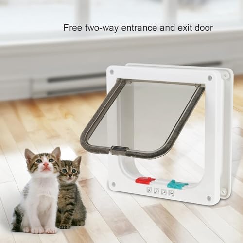 L 4-Way Lockable Pet Door, Secure Flap for Cats and Small Dogs, DIY Installation, Weatherproof Double-Flap Design, 4-Way Locking System, White Plastic