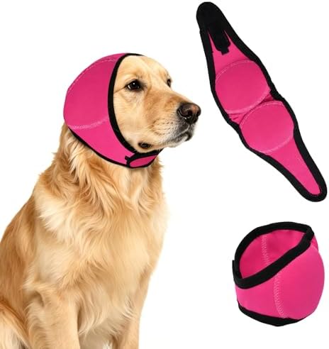 Upgraded Dog Ear Muffs for Noise Protection & Anxiety Relief, Adjustable No Shake Ear Wrap for Firework, Hematoma, Bathing, Swim, Grooming and Force Drying (Fuchsia, L(Head Size:18"-24"))