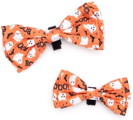 THE WORTHY DOG Pet Bow Tie for Dogs & Cats – Soft Printed Polyester Collar Bow Tie with Touch Fastener, Attaches to Any Collar - Spooky Pattern, Orange, Large