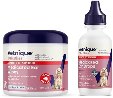 Vetnique Oticbliss Dog Ear Infection Drops & Medicated Ear Wipes Bundle