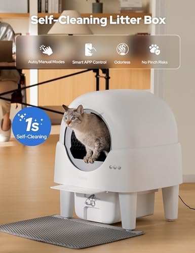 Self Cleaning Cat Litter Box, 90L Large Capacity for Cats 2.2-15 lbs, APP Control with Smart Safety Sensors, Quiet Operation, Easy Clean Detachable Globe, Cream White