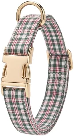 Soft Cotton Dog Collar Classic Plaid Pet Collars with Metal Clasp for Small Dogs with Sensitive Skin, Heritage Red Green