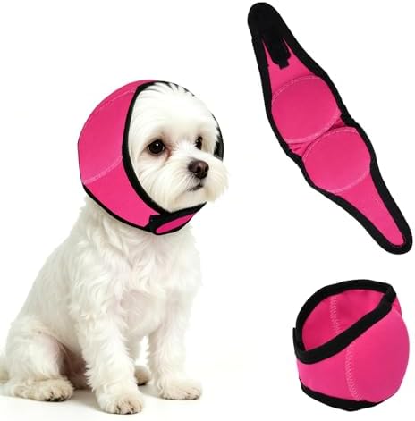 Upgraded Dog Ear Muffs for Noise Protection & Anxiety Relief, Adjustable No Shake Ear Wrap for Firework, Hematoma, Bathing, Swim, Grooming and Force Drying (Fuchsia, S(Head Size:10"-15"))