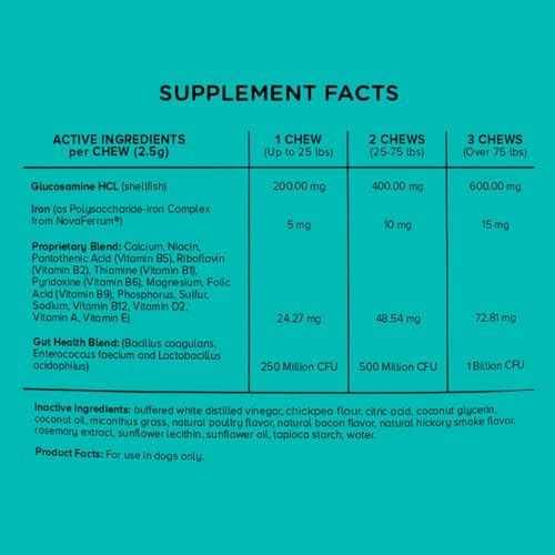 NovaFerrum Bow Wow | 18-in-1 Multifunctional with Iron Supplement for Dogs | Blood Support for Anemia | Glucosamine | Probiotics | Antioxidants | Chicken Flavor | 90 Chews
