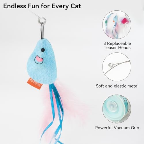 Migipaws Interactive Automatic Cat Teaser Wand Toy with Strong Suction Cup, 70cm Flexible Wire & DIY Bending Design, Rechargeable Cat Exercise Toy with Auto Timer for Indoor Cats (White)