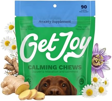 Get Joy Calming Chews Anxiety Supplement for Dogs, Vet Recommended Soft Daily Relaxation & Stress Relief Support with Valerian Root & Chamomile, Made in USA - 90 Count