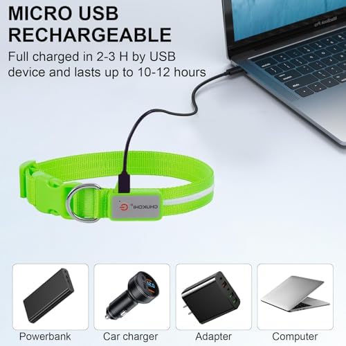 CHUKCHI LED Dog Collar Rechargeable,Waterproof Flashing Collar,Light Up Glow Collar, Adjustable Soft Safety Light Up for Small Medium Large Dogs Walking Camping at Night (Green-S)