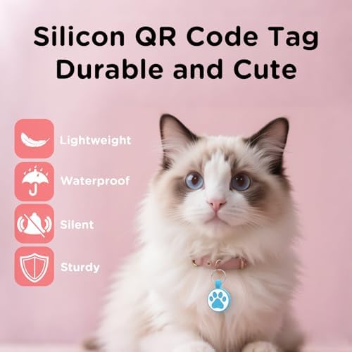 QR Code Cat Tag, Modifiable Pet Online Profile Page, Multiple Emergency Contact, Silent Silicone, Lightweight, No Jinging, Collar Accessories, QR Cat ID Tag (Small Breeds - 1", Blue)