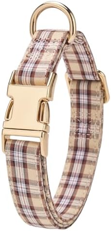 Soft Cotton Dog Collar Classic Plaid Pet Collars with Metal Clasp for Large Dogs with Sensitive Skin, Camel Brown