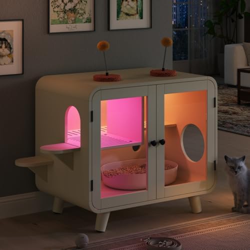 Smart Cat Litter Box Enclosure with RGB LED Light，TV-Style Cat Cabinet with Transparent Doors,Side Steps,Pom-Pom Toys,Indoor Pet House for Living Room,Bedroom(30.7"*23.6"*28",Beige)