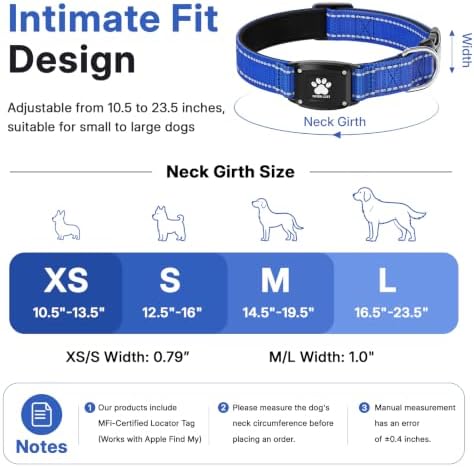 GPS Dog Collar with Tracker, Waterproof, No Monthly Fee, Blue, XS | Works with Apple Find My, iOS Only, MFi Certified, No SIM Card, for Small Dogs, Reflective Padded Nylon, Neck 10.5-13.5 in