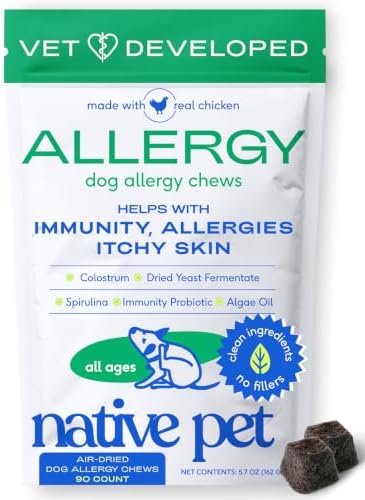 Native Pet Dog Allergy Chews for Medium Breeds - Itchy Skin and Seasonal Itch Support - Colostrum, Probiotics, Spirulina - 90 Chews