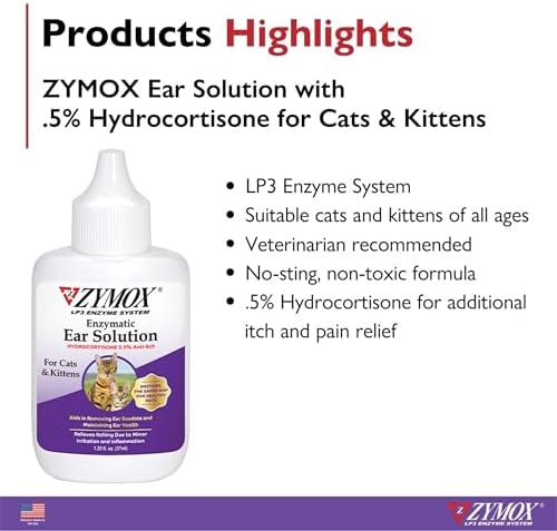 Zymox Enzymatic Ear Solution with 0.5% Hydrocortisone for Cats & Kittens, 1.25 oz. – Cleans & Refreshes Ear Canal for Relief from Wax, Dirt Buildup, Itchiness, Irritation, Inflammation & Redness
