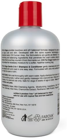CHI for Dogs Gentle 2-in-1 Shampoo and Conditioner, Ionic Technology pH Balanced Dog Wash with Silk and Milk Proteins, Sulfate and Paraben Free, All Coats and Breeds, 16 Fl Oz