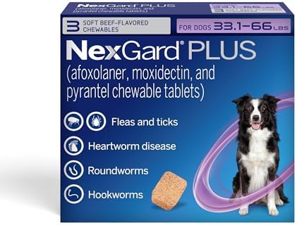 NexGard Plus (afoxolaner, moxidectin, and pyrantel) Flea and Tick Protection & Heartworm Preventive for Dogs Soft Beef Flavored Chewables, 33.1-66 lbs. (Purple) 3 Chews (3 Month Supply)