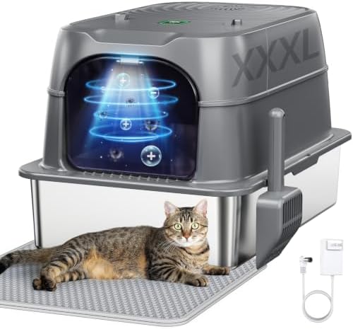 Smart Odor Control Cat Litter Box with Cover，XXXL Stainless Steel Enclosed Litter Box for Big Cats, Plasma Sterilization Deodorizer with Infrared Auto Pause, No More Odors and Stay Fresh,Easy to Clean