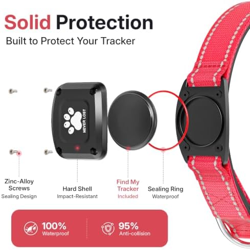 GPS Dog Collar with Tracker, Waterproof, No Monthly Fee, Red, S | Works with Apple Find My, iOS Only, MFi Certified, No SIM Card, for Small Dogs, Reflective Padded Nylon, Neck 12.5-16 in