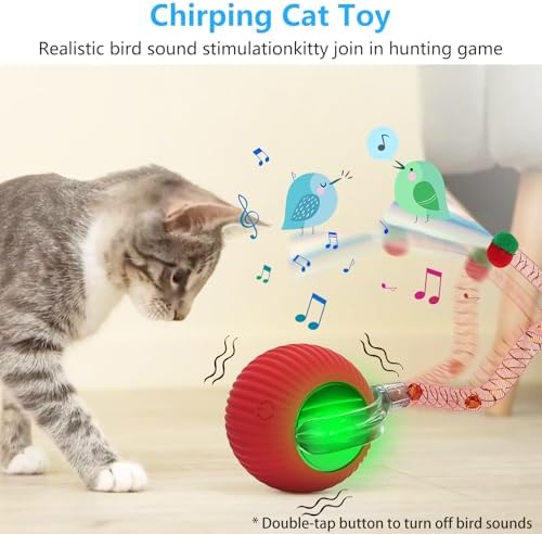 Interactive Cat Toys for Indoor Cats, 2025 New Generation Interactive Cat Ball Toy with Elastic Mesh Tail, Automatic Cat/Kitten Toys with Chirping & Motion Activate, Cat Toys for Bored Indoor(Red)