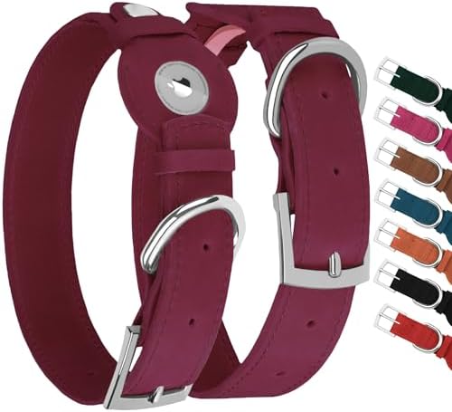 Leather Dog Collar with Airtag Holder - Apple Air Tag Dog Collars - Soft Tracking GPS Pet Collar for Small Medium Large Dogs Breed Puppy (Burgundy, M, 12"-15" Neck Fit)