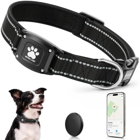GPS Dog Collar with Tracker, Waterproof, No Monthly Fee, Black, XS | Works with Apple Find My, iOS Only, MFi Certified, No SIM Card, for Small Dogs, Reflective Padded Nylon, Neck 10.5-13.5 in