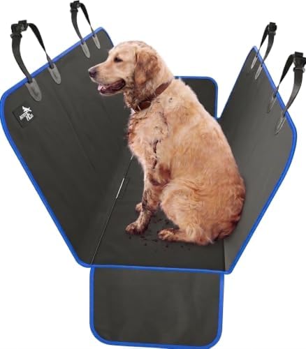 Active Pets XL Waterproof Hammock Large Car Seat Cover, Fits SUVs Trucks Big Sedans, Secure Convertible Travel Bed Protects Backseat Cargo from Dog Puppy Pet Water Food Drool Urine, Black w/Blue Trim
