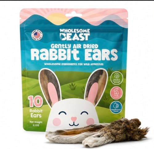 Rabbit Ears for Dogs with Fur – Air Dried Single Ingredient Dog Treats – Natural Rabbit Ear Chews for Dental Health & Digestion – High Protein Dog Chews – 10 Count