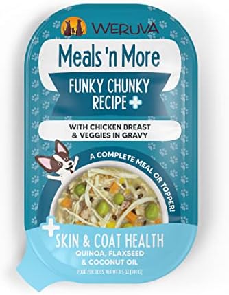 Weruva Meals 'n More Natural Wet Dog Food, Funky Chunky Plus Skin & Coat Health, 3.5oz Cup (Pack of 12)