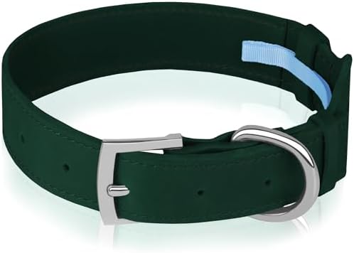 Leather Dog Collar with Airtag Holder - Apple Air Tag Dog Collars - Soft Tracking GPS Pet Collar for Small Medium Large Dogs Breed Puppy (Green, M, 12"-15" Neck Fit)