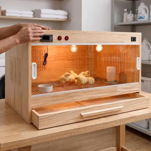 Wooden Box for Chicks, Pet Breeding Box with Sliding Glass Door, Chick for Small Animals, Smart Thermostatic, 60x40x40 CM