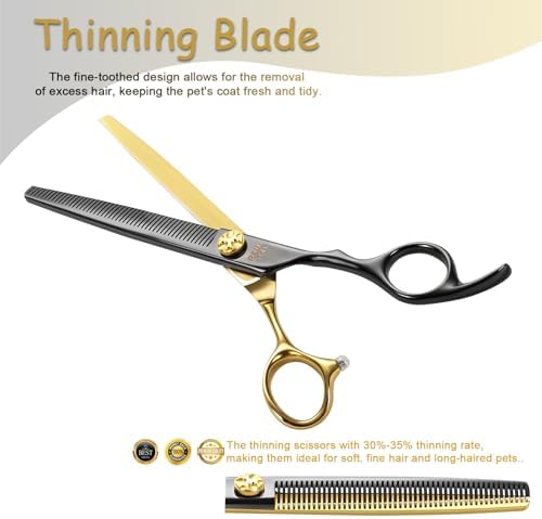 7'' Thinning Dog Grooming Scissors with Decorative Screw Sharp and Durable Black and Gold 440C Stainless Steel Dog Thinner Shears Easy Use for Groomers and Beginners