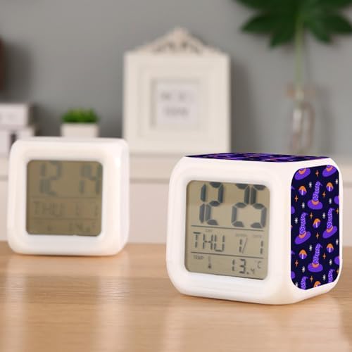 Digital Alarm Clock,Magic Witch Hat Halloween 7 Color Change LED Digital Alarm Clock with Date Thermometer for Toddlers,Girls and Boys