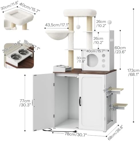 HOOBRO Modern Automatic Litter Box Enclosure with Charging Station, Large Cat Litter Boxes Furniture for Self-Cleaning Litter Boxes, All-in-One Dog Proof Feeding Station, White and Walnut WH69UMZ03